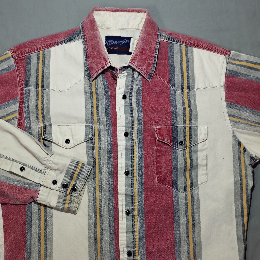 Vintage Wrangler Shirt Mens Red White X-Long Tail Brushpopper Snap Front Western